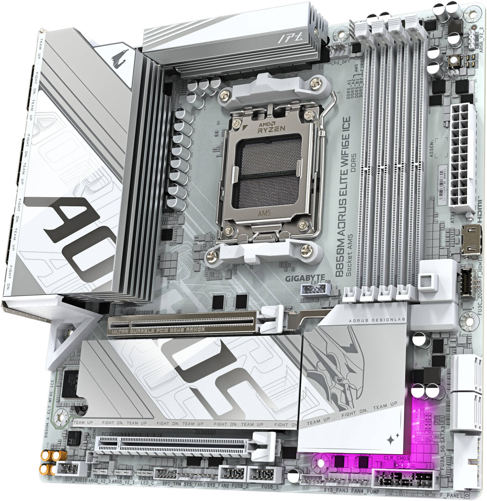 GIGABYTE B850M Aorus Elite Ice AM5 Micro ATX Motherboard, AMD B850 Chipset, 4x DDR5 DIMM Slots, Up to 256GB Max Memory, 1x PCIe 5.0 x16, 2x M.2, WiFi & BT Connectivity, White -اللوحه الام