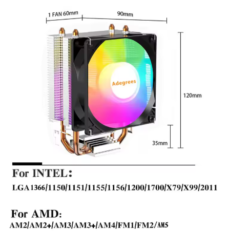 Adegrees CPU Air Cooler 4Pin PWM Quiet Processor CPU Fan - مبرد هوائي