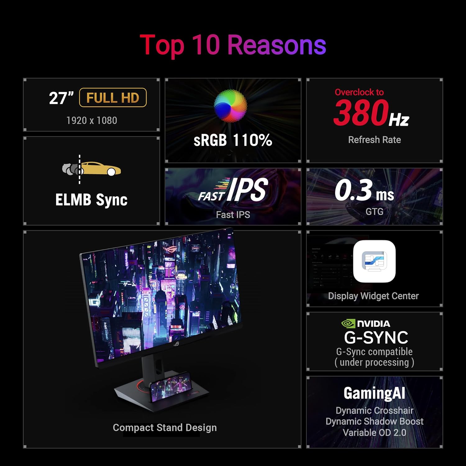 ASUS ROG Strix XG279CNS 27” Gaming Monitor (FHD 1080p, Fast IPS, 380Hz, 0.3ms, G-SYNC & FreeSync, USB-C) - شاشة ألعاب