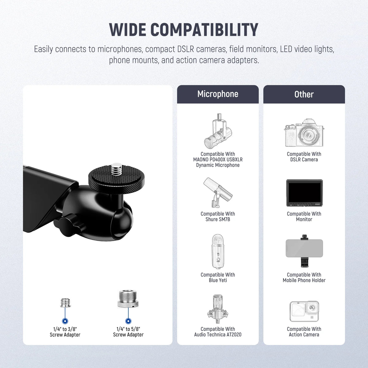 NEEWER MS007 Low Profile Damped Mic Boom Arm (Under-Monitor Design, 360° Ball Head, Cable Management, 1.5kg Load) - ستاند للمايك