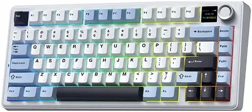 EPOMAKER AULA F75 MAX Mechanical Gaming Keyboard, 80 keys, 75% Layout, 4000mAh Battery, TFT Screen & Knob, LEOBOG Reaper Switch, Hot-Swappable Keys, Gasket Mount, Black/White/Blue - كيبورد وايرليس