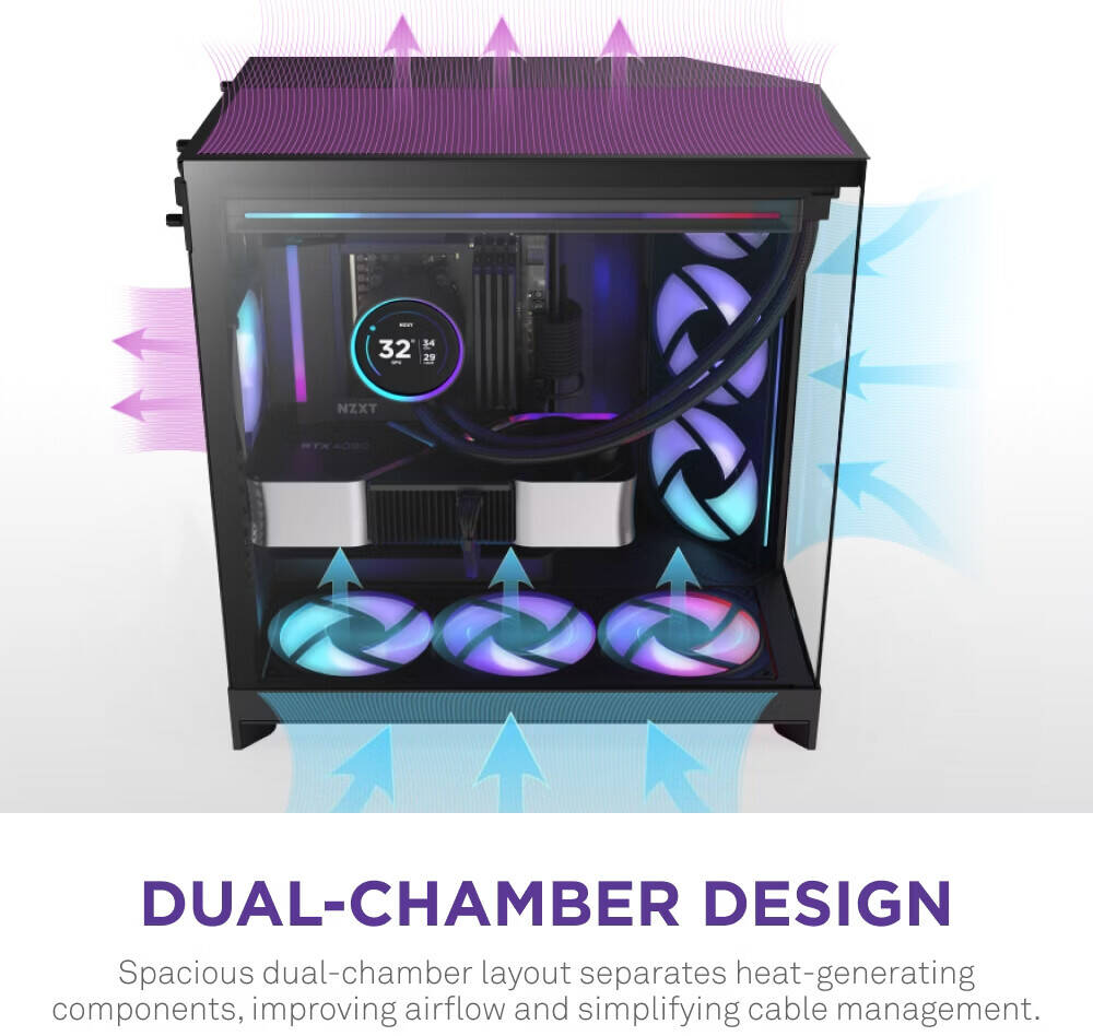 NZXT H9 Flow RGB, Dual-Chamber ATX Mid-Tower Case High-Airflow Design with Panoramic Tempered Glass, Supports Dual 360mm Radiators, Up to 10 Fans, Up To E-ATX Compatibility, Black - كيس