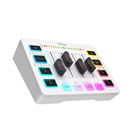 FIFINE AmpliGame SC3 Gaming Audio Mixer, Streaming RGB PC Mixer with XLR Microphone Interface, Individual Control, Volume Fader, Mute Button, for Podcast/Recording/Vocal/Game Voice - White -مكسر أبيض