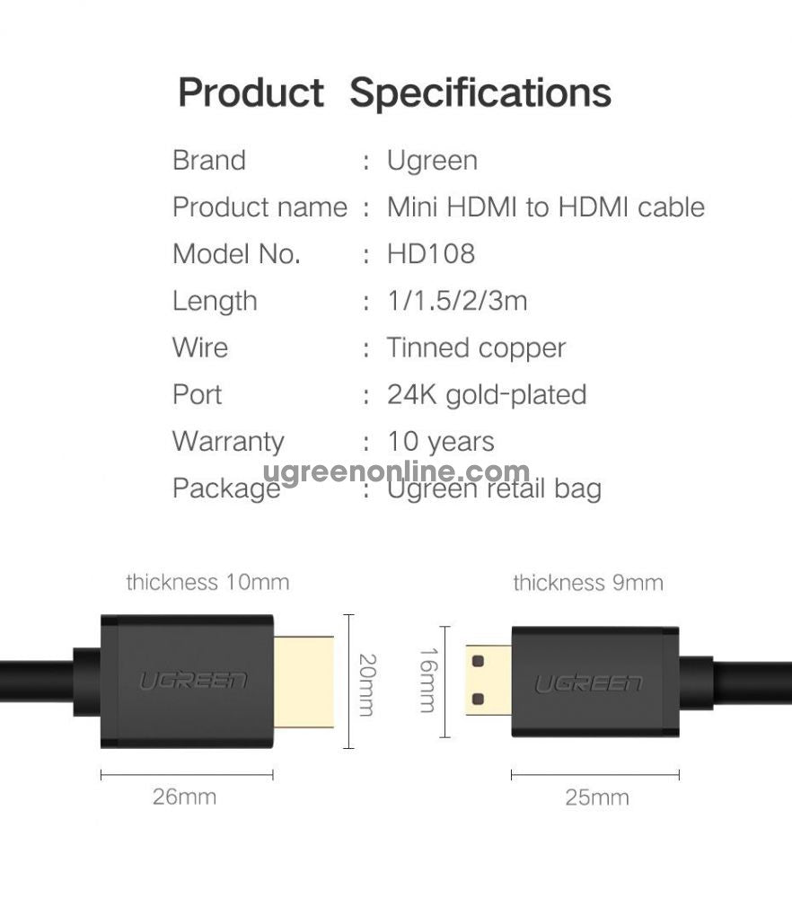 UGREEN Mini HDMI to HDMI Cable 1.5 m (Black)-كيبل أتش دي أم أي