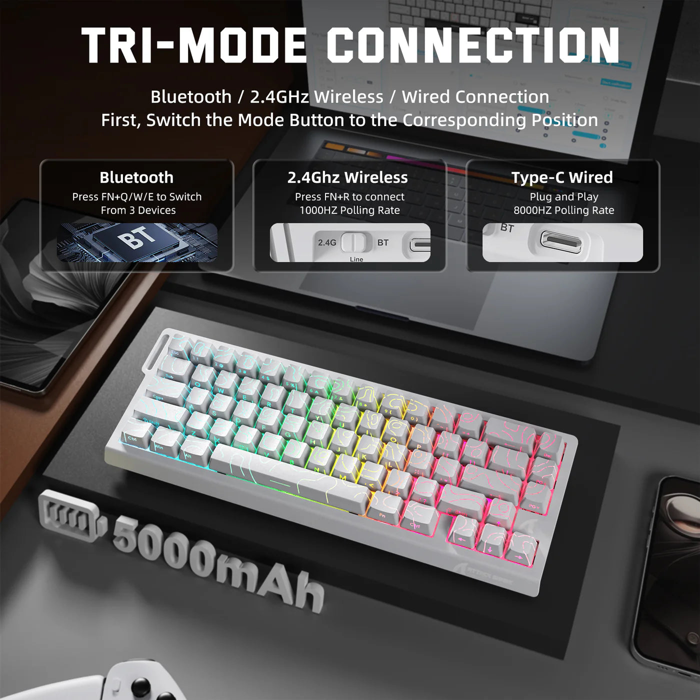 ATTACK SHARK X68PRO HE Wireless Rapid Trigger Keyboard Magnetic Switch White Contours - كيبورد ميكانيكي أبيض