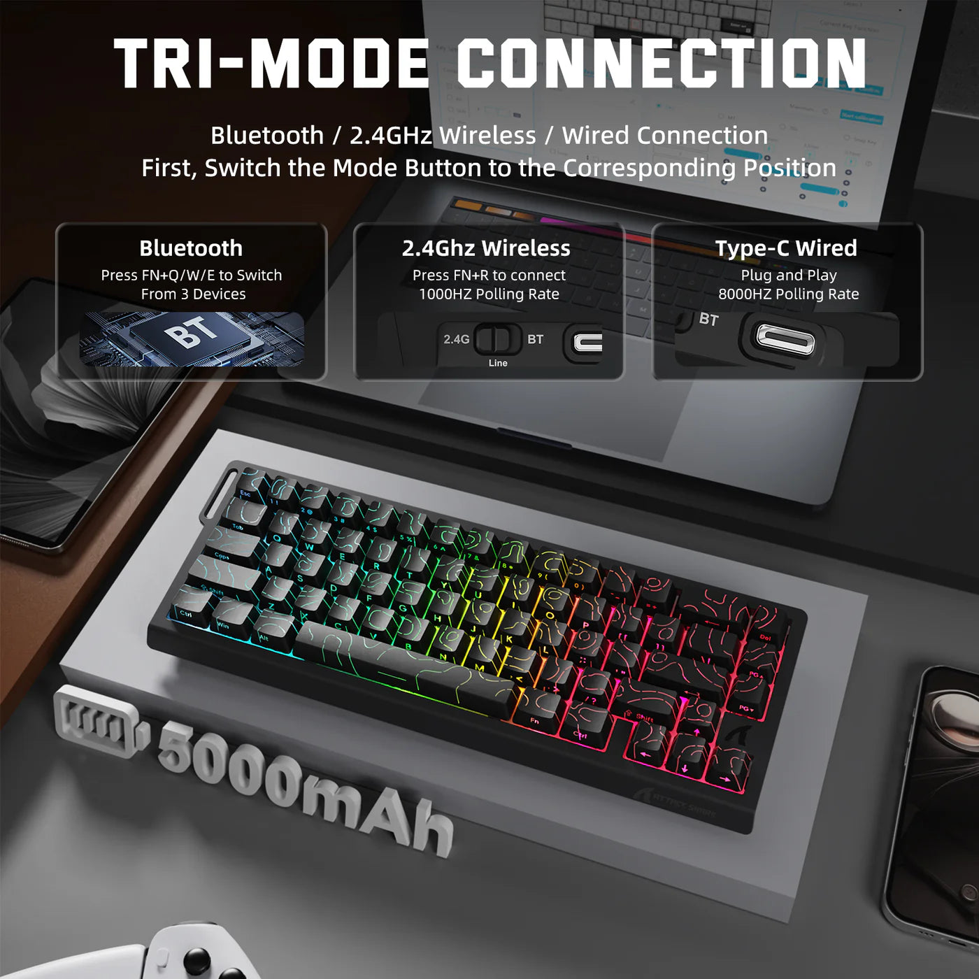 ATTACK SHARK X68PRO HE Wireless Rapid Trigger Keyboard Magnetic Switch Black Contours - كيبورد ميكانيكي أسود