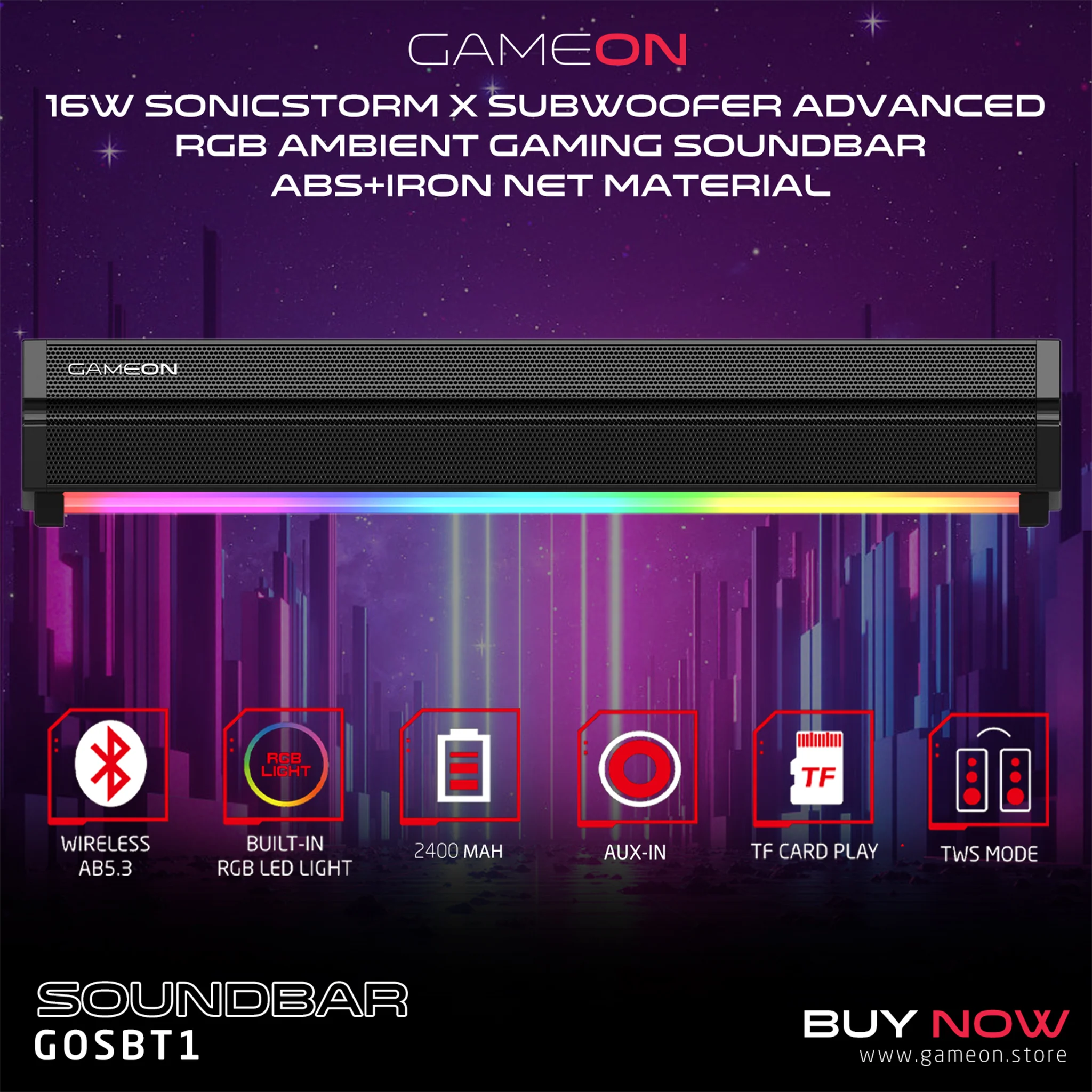 GameOn Sonicstorm X Wireless RGB Gaming Soundbar, Bluetooth 5.3, TWS Mode, 2400mAh, Black - مكبر صوت