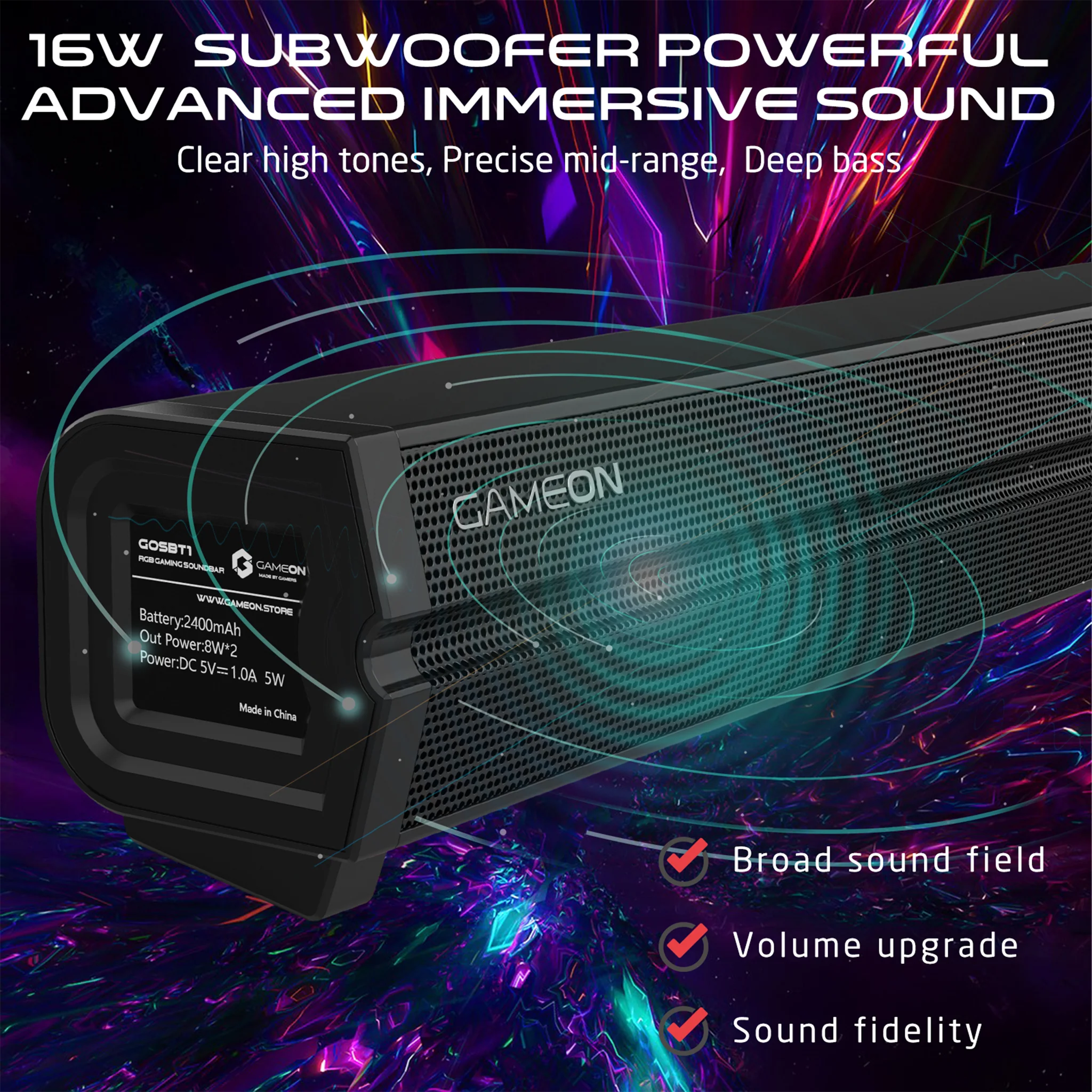 GameOn Sonicstorm X Wireless RGB Gaming Soundbar, Bluetooth 5.3, TWS Mode, 2400mAh, Black - مكبر صوت