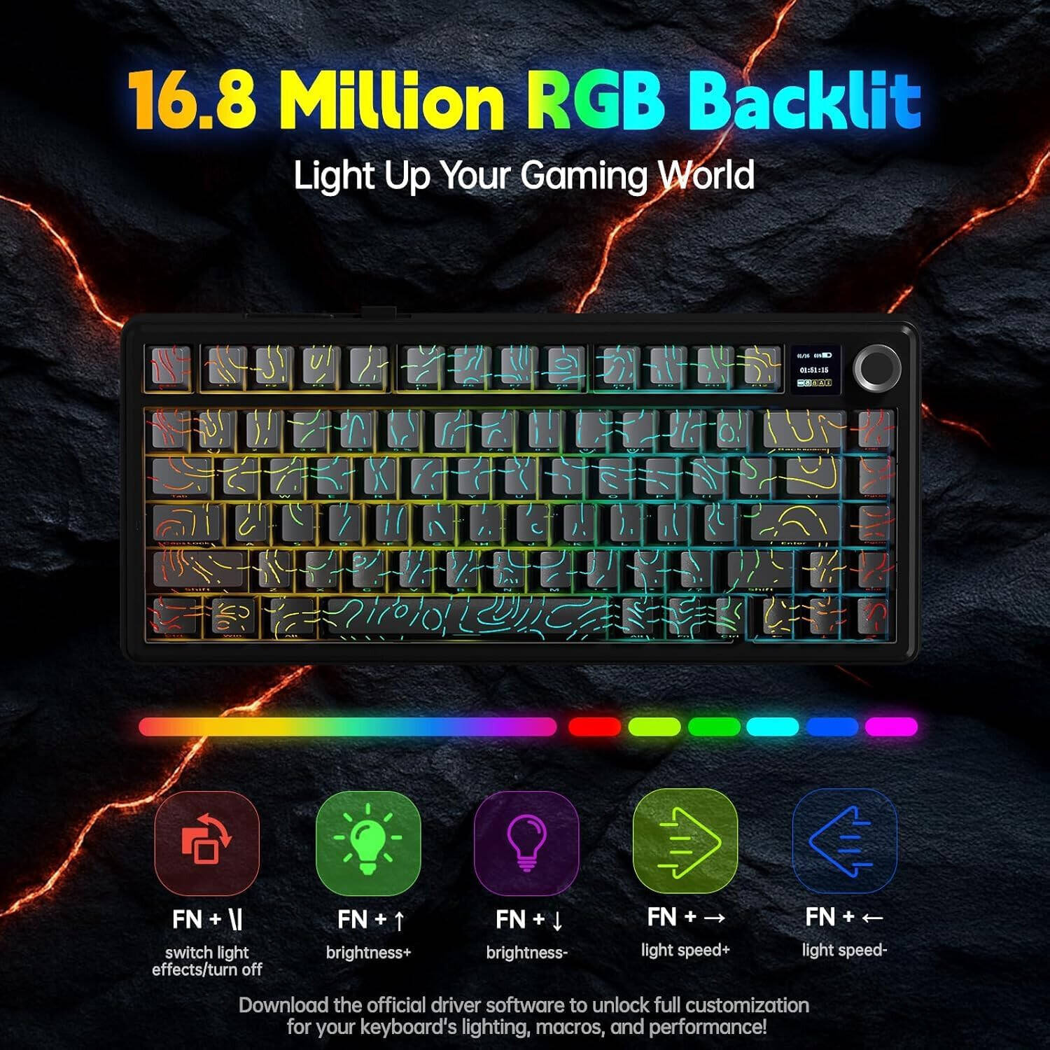 EPOMAKER AULA F75 MAX Mechanical Gaming Keyboard, 80 keys, 75% Layout, 4000mAh Battery, TFT Screen & Knob, LEOBOG Reaper Switch, Hot-Swappable Keys, Gasket Mount, Grey Gradient - كيبورد وايرليس