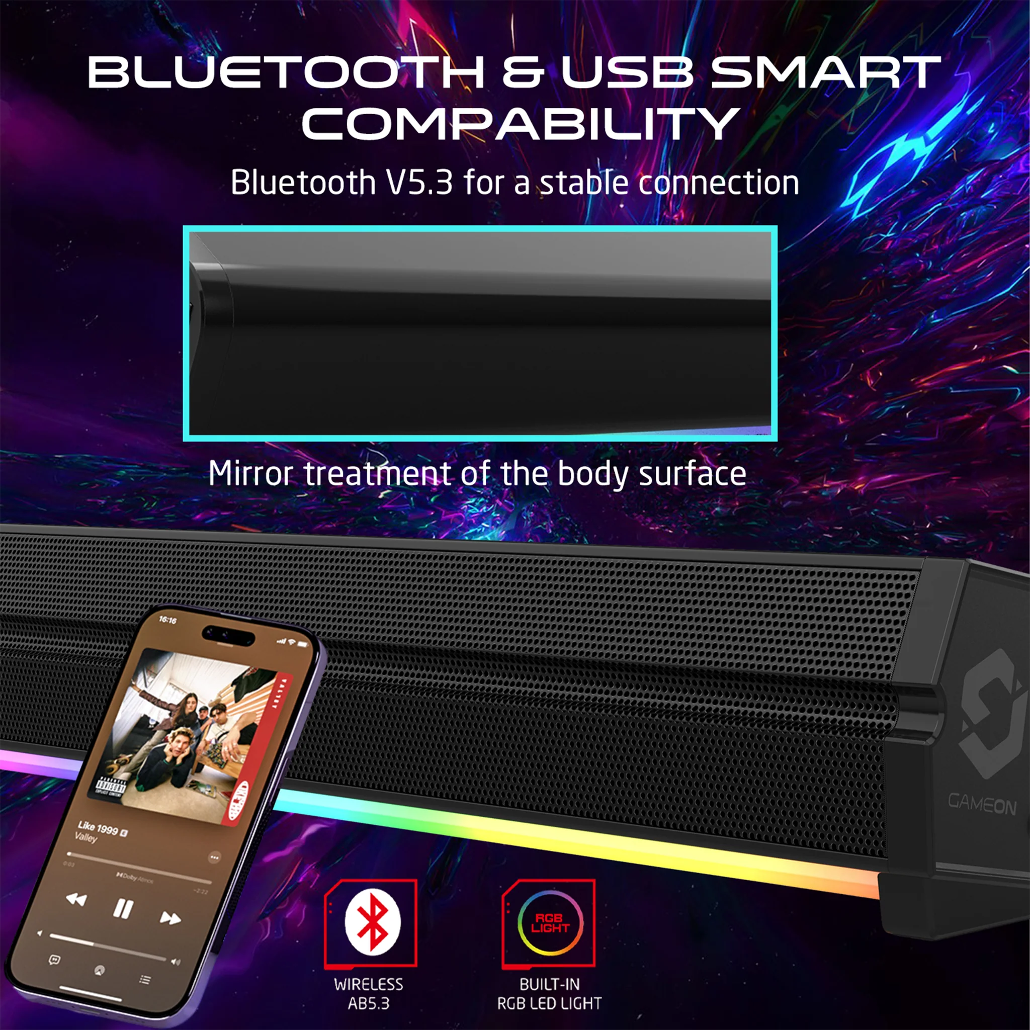 GameOn Sonicstorm X Wireless RGB Gaming Soundbar, Bluetooth 5.3, TWS Mode, 2400mAh, Black - مكبر صوت