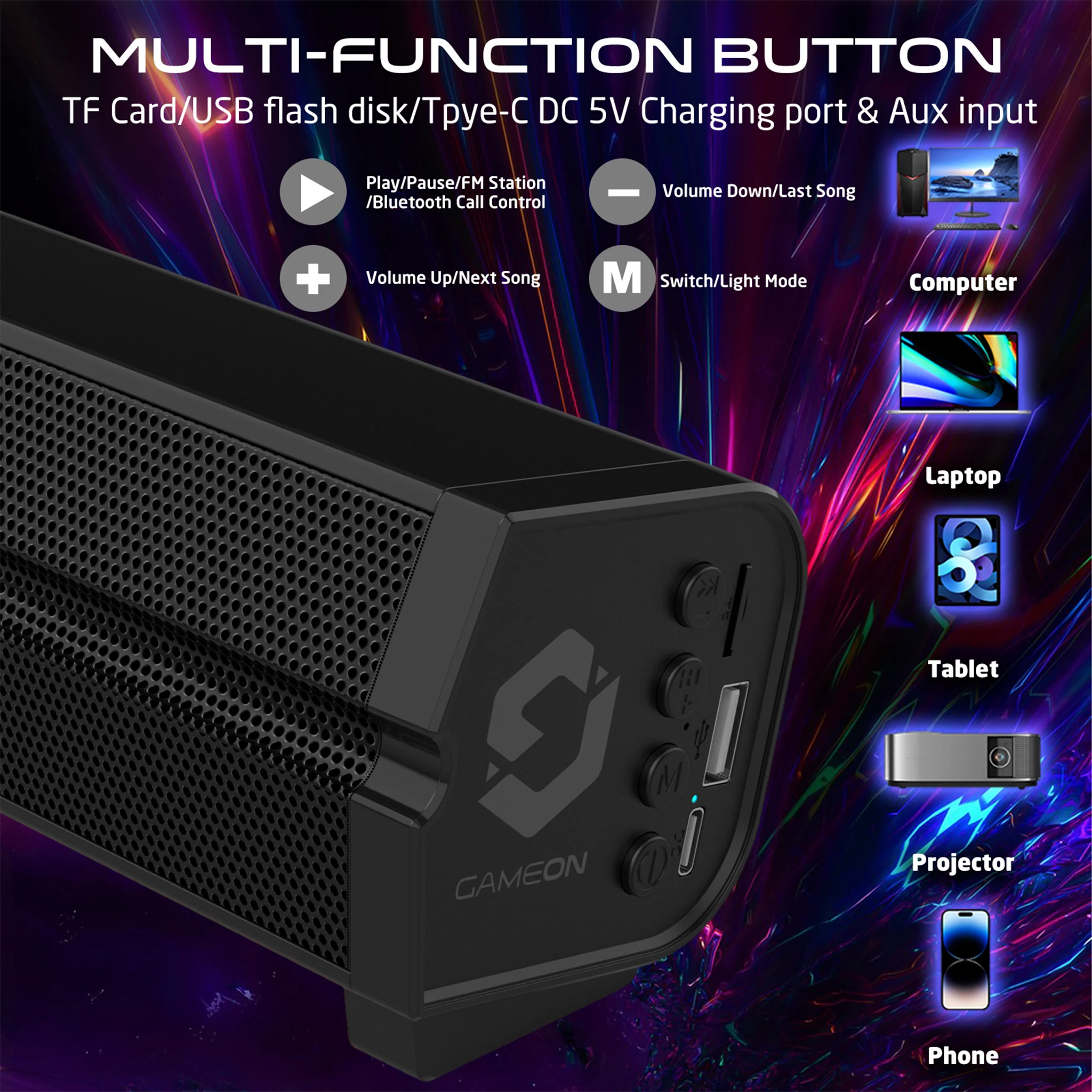 GameOn Sonicstorm X Wireless RGB Gaming Soundbar, Bluetooth 5.3, TWS Mode, 2400mAh, Black - مكبر صوت