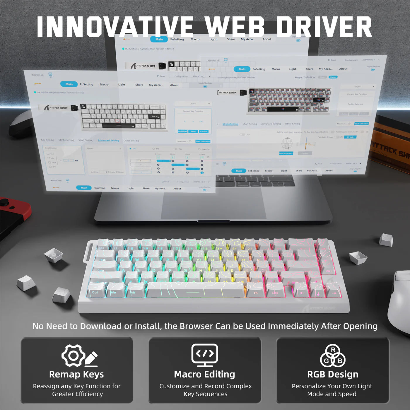 ATTACK SHARK X68PRO HE Wireless Rapid Trigger Keyboard Magnetic Switch White Contours - كيبورد ميكانيكي أبيض
