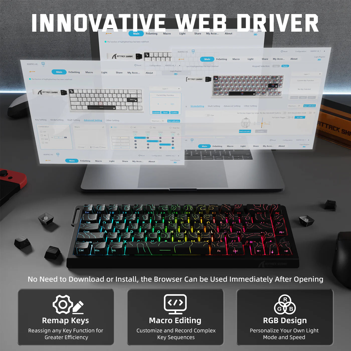 ATTACK SHARK X68PRO HE Wireless Rapid Trigger Keyboard Magnetic Switch Black Contours - كيبورد ميكانيكي أسود