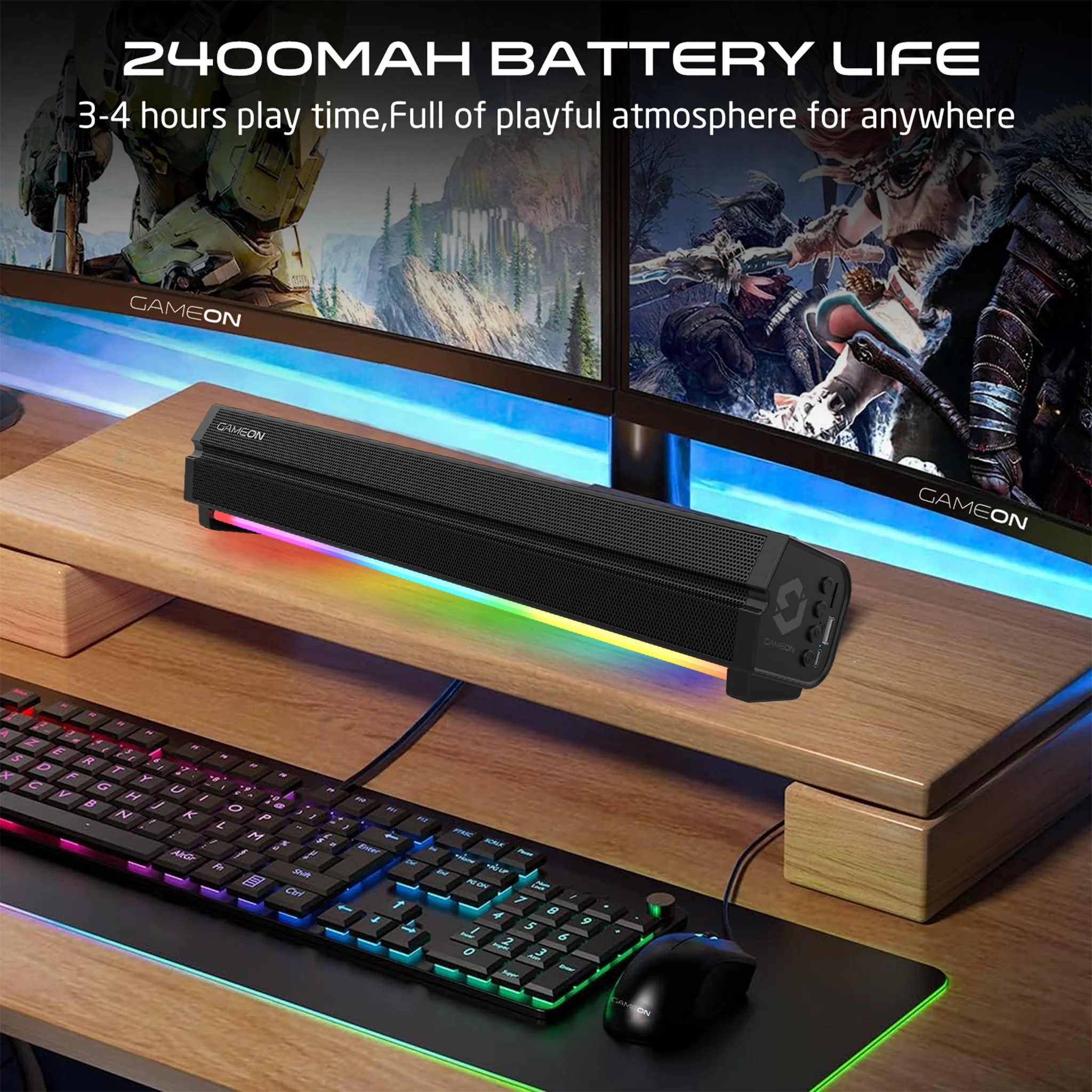 GameOn Sonicstorm X Wireless RGB Gaming Soundbar, Bluetooth 5.3, TWS Mode, 2400mAh, Black - مكبر صوت