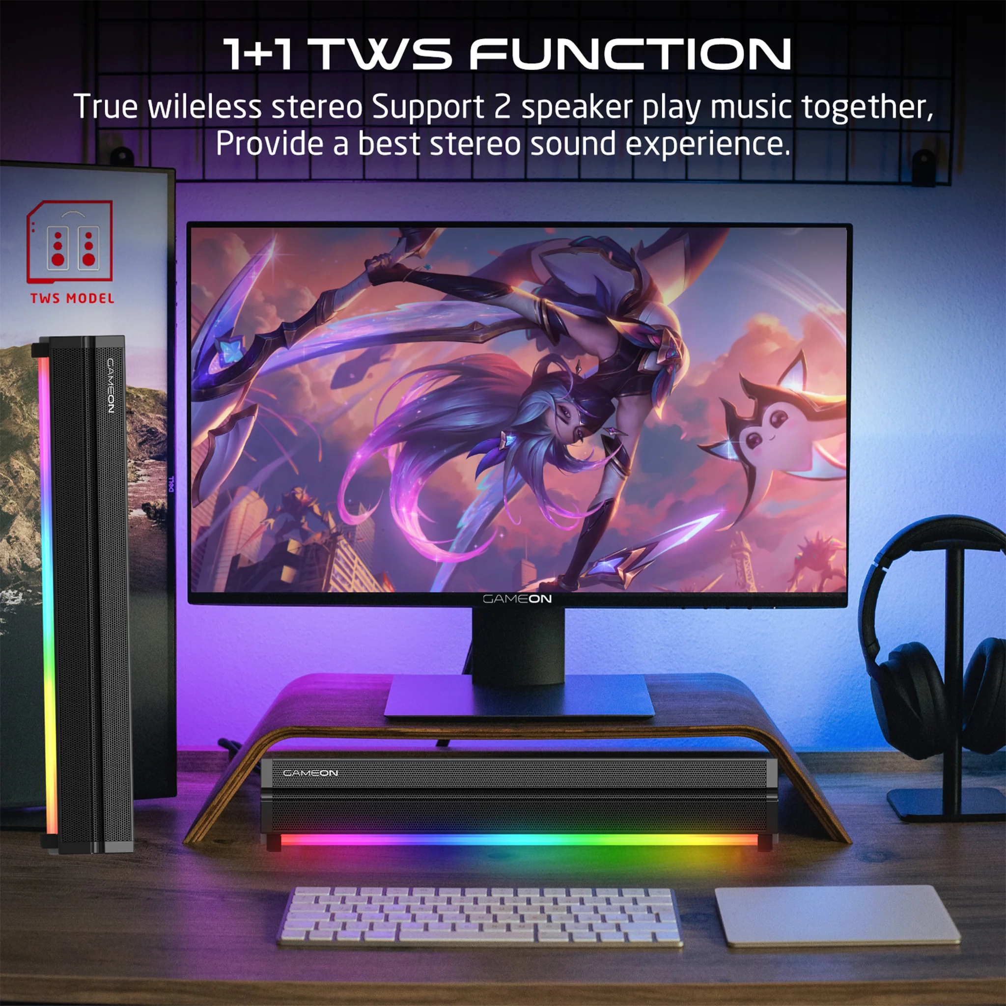 GameOn Sonicstorm X Wireless RGB Gaming Soundbar, Bluetooth 5.3, TWS Mode, 2400mAh, Black - مكبر صوت