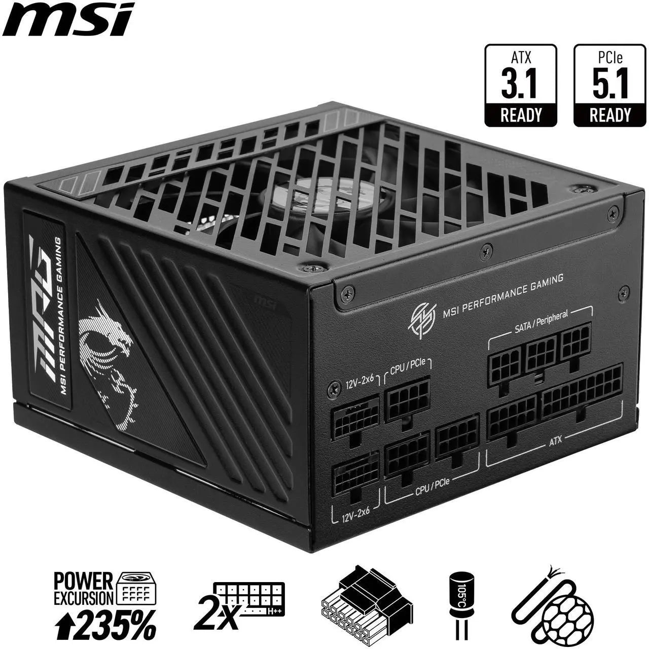 MSI MPG A1250GS PCIE5, Fully Modular Gaming 1250W Power Supply, 80+ Gold, Dual 12V-2x6 Cables, Server-grade Capacitor, ATX 3.1 & PCIe 5.1 Ready, Low-Noise, Semi Digital - مزود طاقه