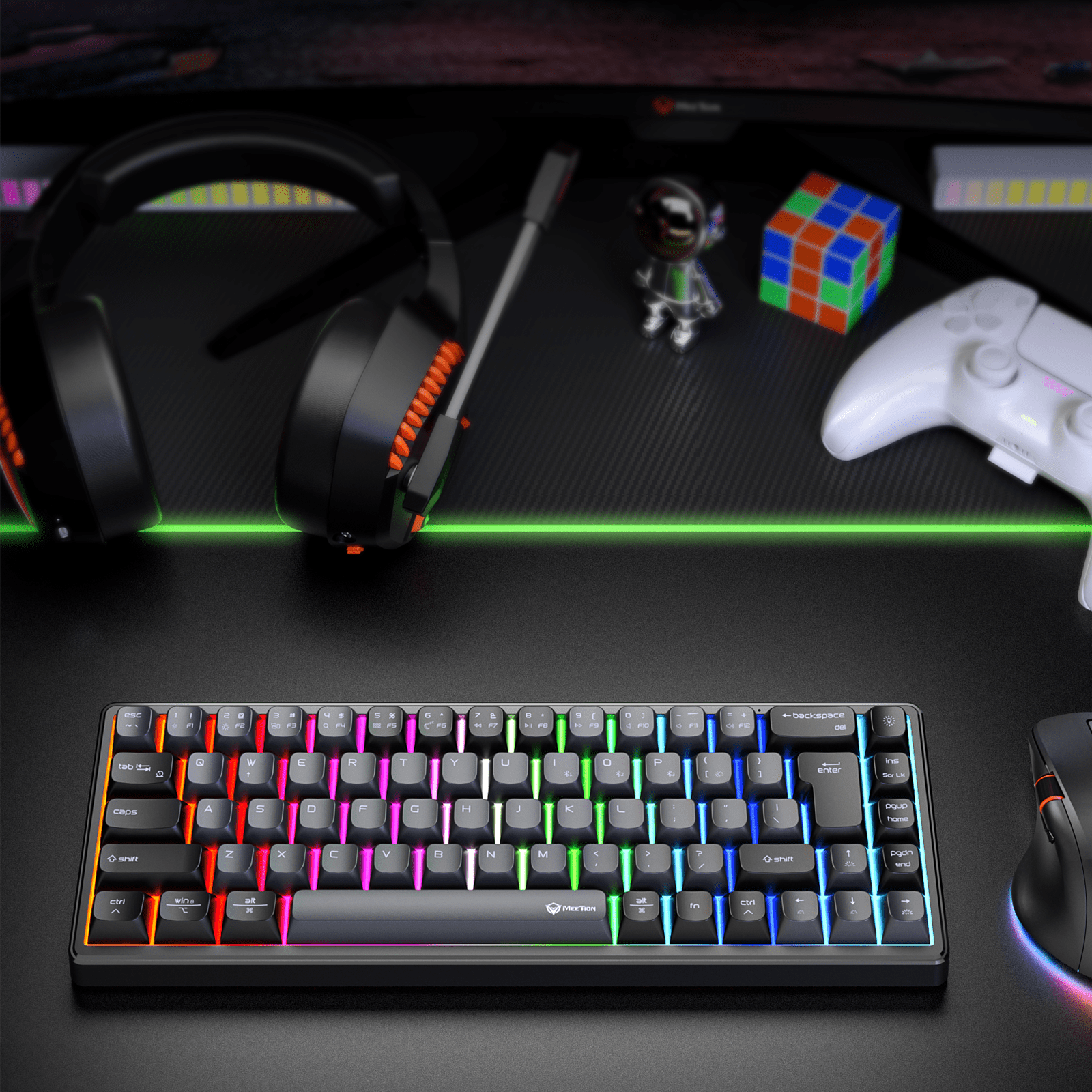 MEETION MK12 65% Tri-Mode RGB Mechanical Black Keyboard, 2.4G wireless, Bluetooth, and wired - كيبورد وايرليس