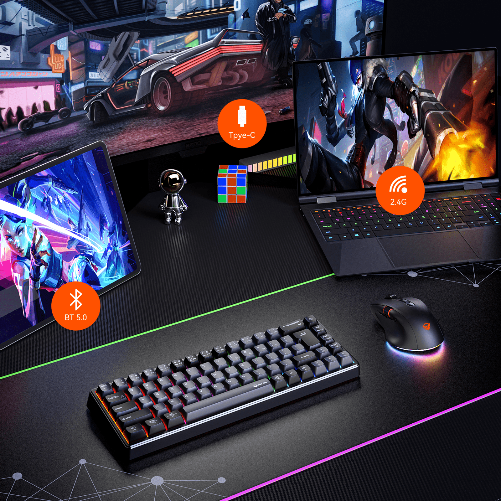 MEETION MK12 65% Tri-Mode RGB Mechanical Black Keyboard, 2.4G wireless, Bluetooth, and wired - كيبورد وايرليس