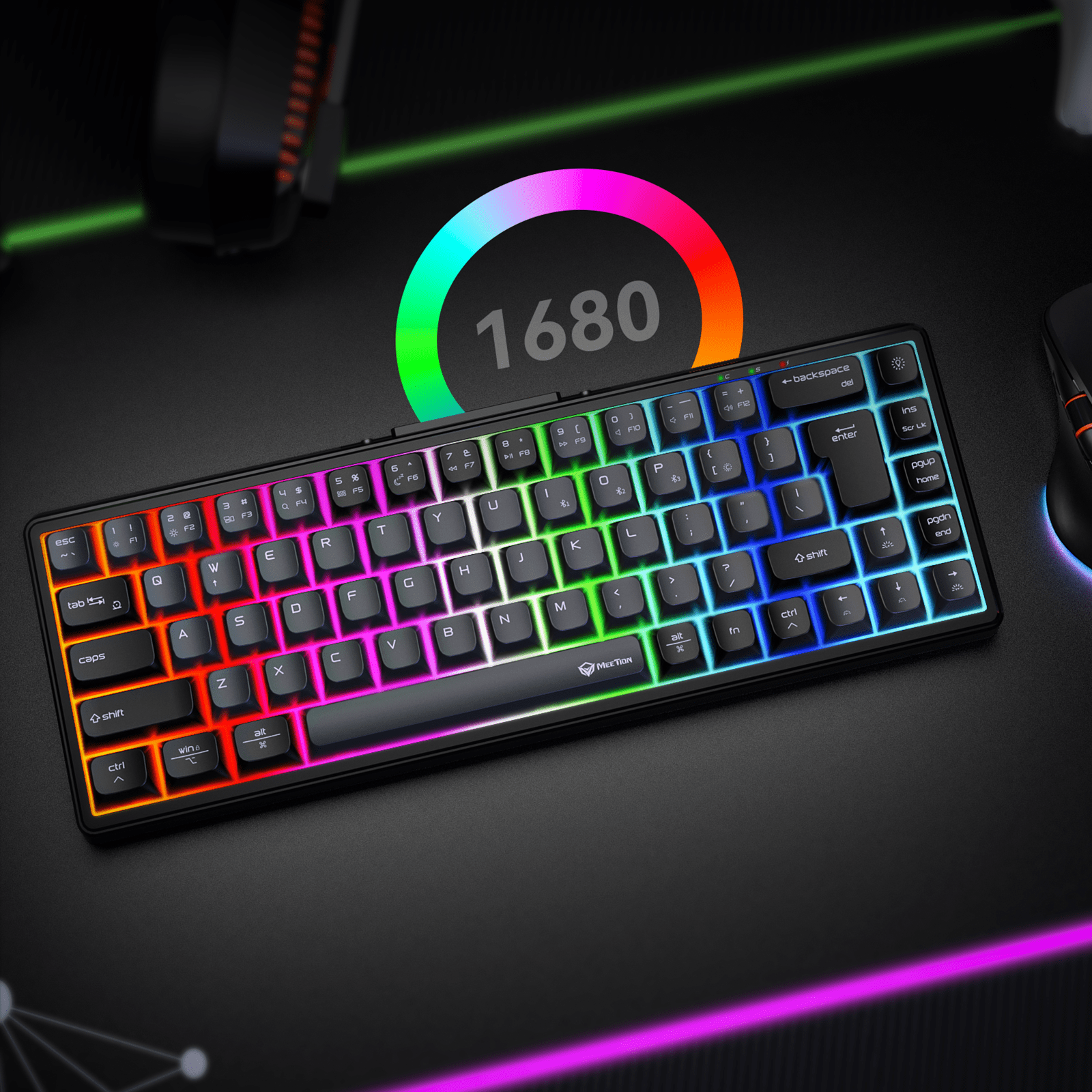 MEETION MK12 65% Tri-Mode RGB Mechanical Black Keyboard, 2.4G wireless, Bluetooth, and wired - كيبورد وايرليس