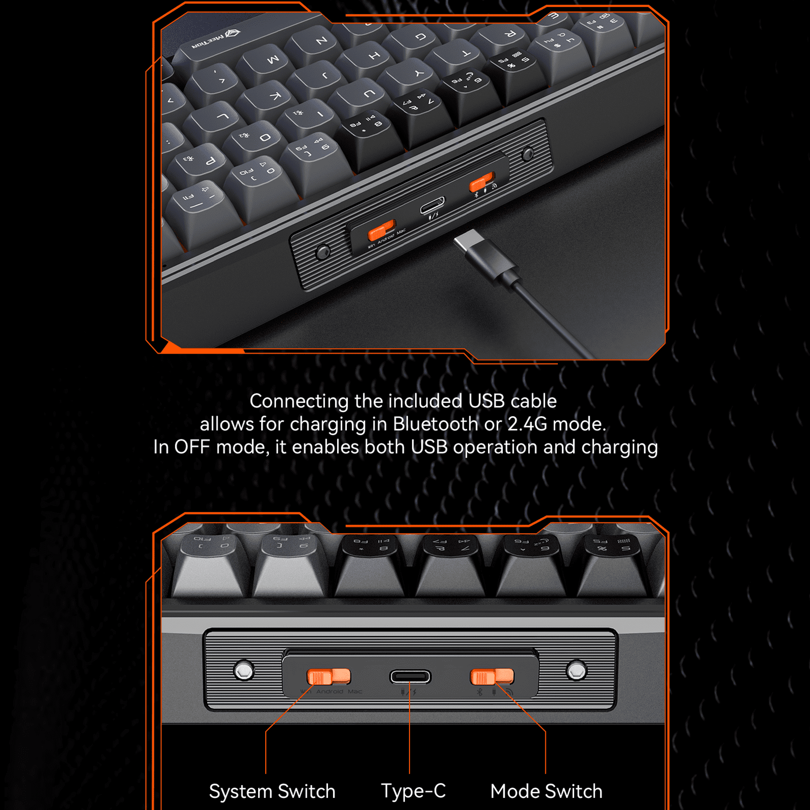 MEETION MK12 65% Tri-Mode RGB Mechanical Black Keyboard, 2.4G wireless, Bluetooth, and wired - كيبورد وايرليس