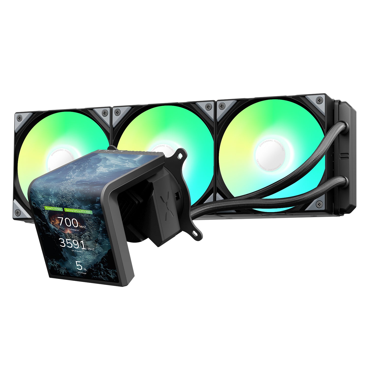 TRYX Panorama SE 360 ARGB 360mm AIO Rotatable 6.67'' AMOLED Curved Screen 3D Anamorphic Effect Customizable AIO Cooler 360mm Asetek Adela Pump 280w TDP ARGB Fan Intel LGA 1851/1700 AMD AM5/AM4 - مبرد مائي مع شاشه