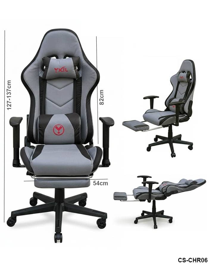 Adjustable gaming chair with retractable footrest - Grey Fabric Design – Model 