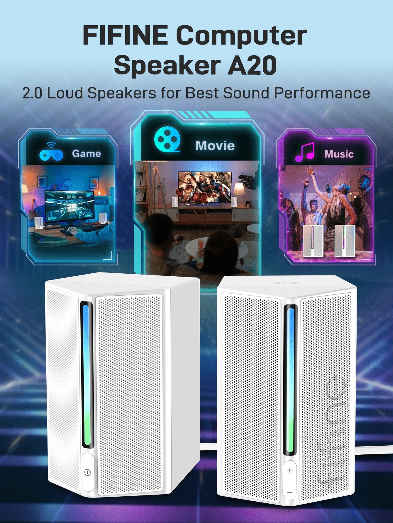 FIFINE Computer Speakers, Desktop PC Speakers with Volume Control, RGB Gaming Loudspeakers Wired with 3.5mm Aux Audio Cable for Laptop Monitor Phone Tablet-AmpliGame A20  مكبر صوت