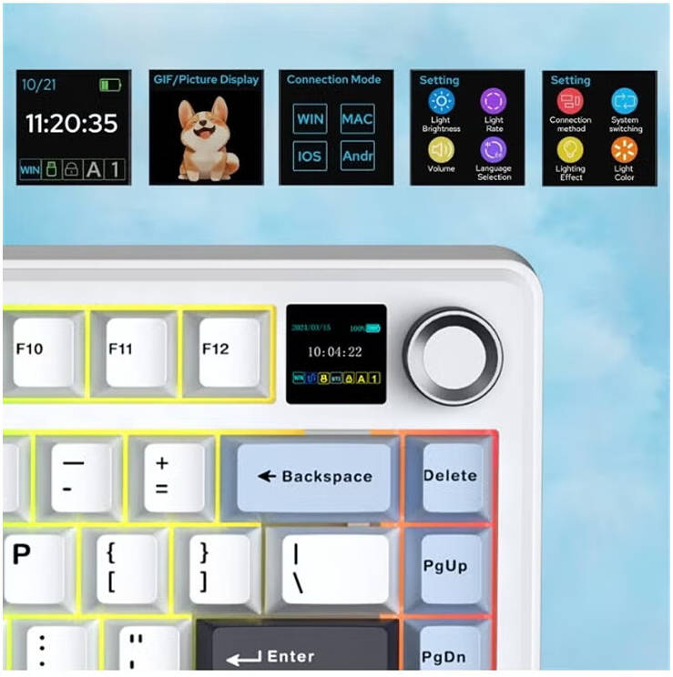 EPOMAKER AULA F75 MAX Mechanical Gaming Keyboard, 80 keys, 75% Layout, 4000mAh Battery, TFT Screen & Knob, LEOBOG Reaper Switch, Hot-Swappable Keys, Gasket Mount, Black/White/Blue - كيبورد وايرليس