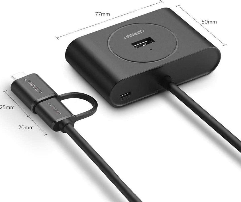 Ugreen 40850 USB 3.0 Hub With USB-C Port, 1m Cable Length, LED Indicator, Compatible with Windows 10/8/8.1/7/ Vista / XP and Mac OS X, Linux, Black - موزع منافذ