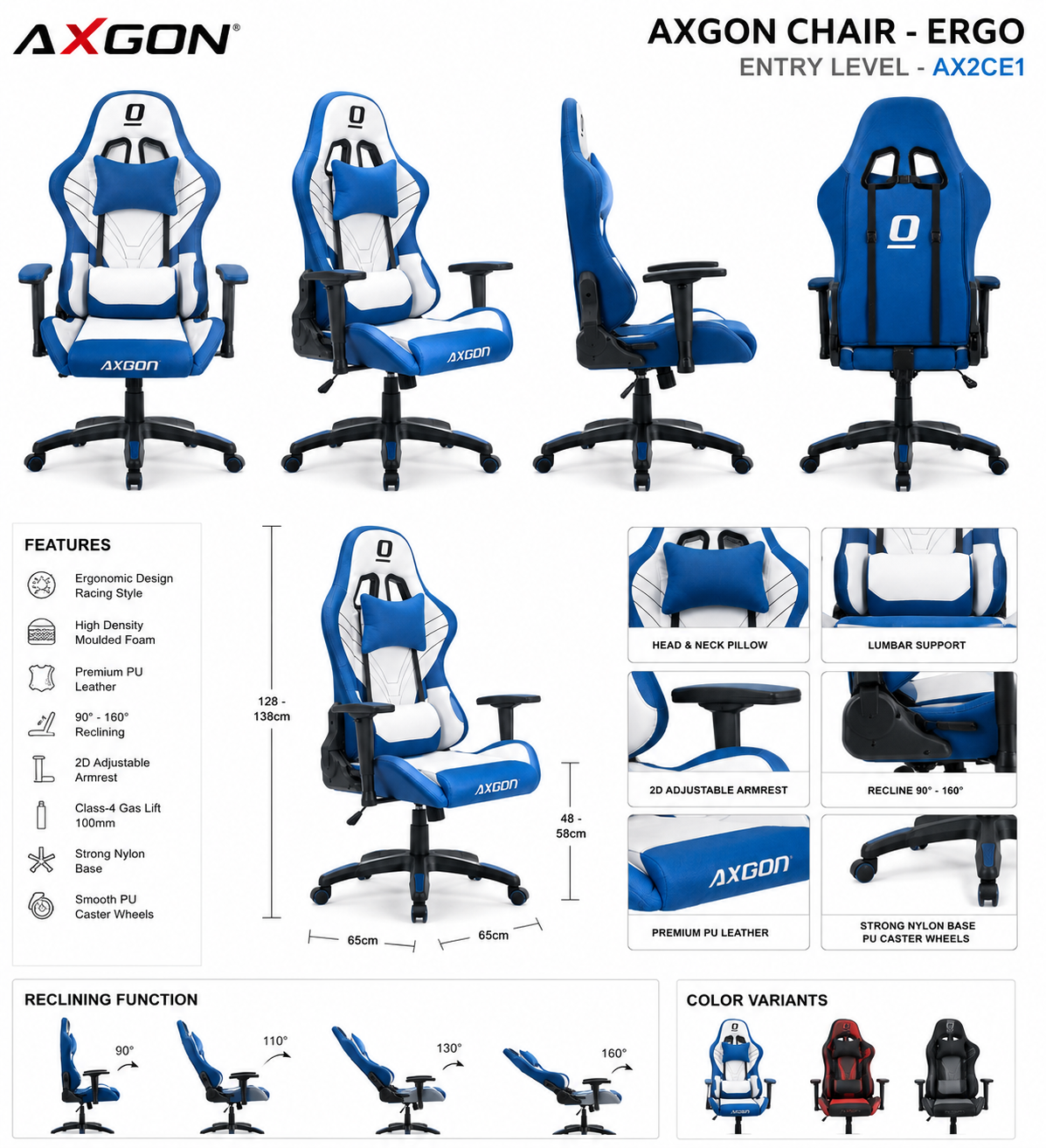 AXGON CHAIR – ERGO ENTRY LEVEL – AX2CE1 - كرسي قيمنق أزرق
