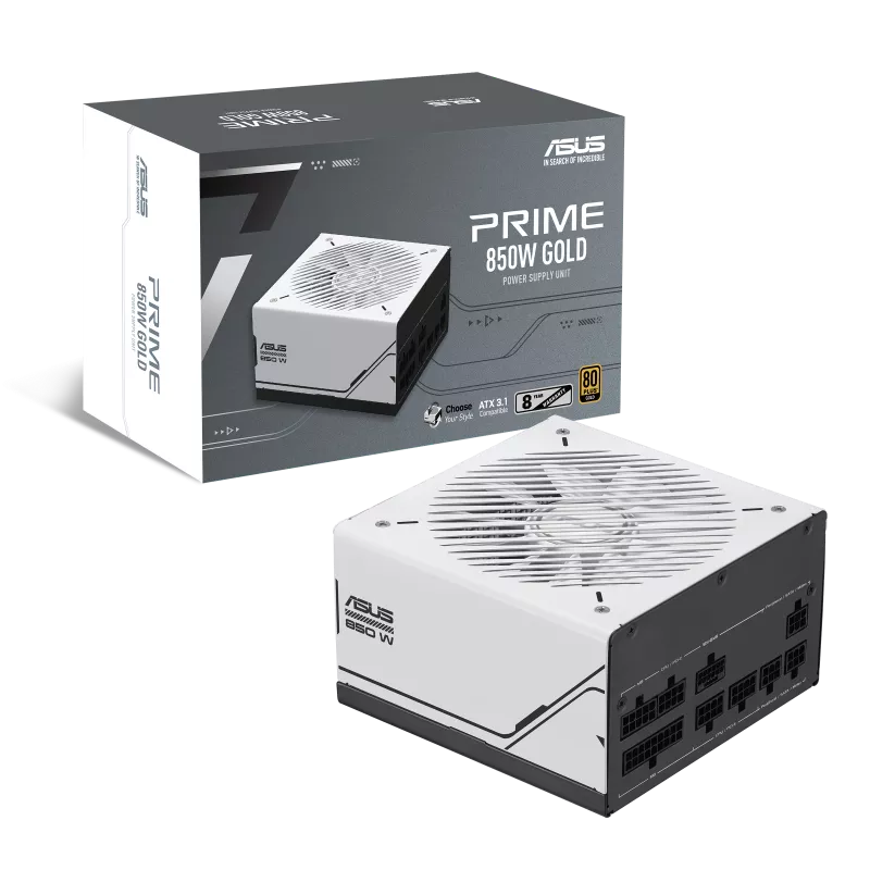 ASUS Prime AP-850G Fully Modular ATX Power Supply, 850W Power, 80 Plus Gold Efficiency, Active PFC, ATX 3.0 Compatible, Dual-Ball Fan Bearings, White - مزود الطاقة