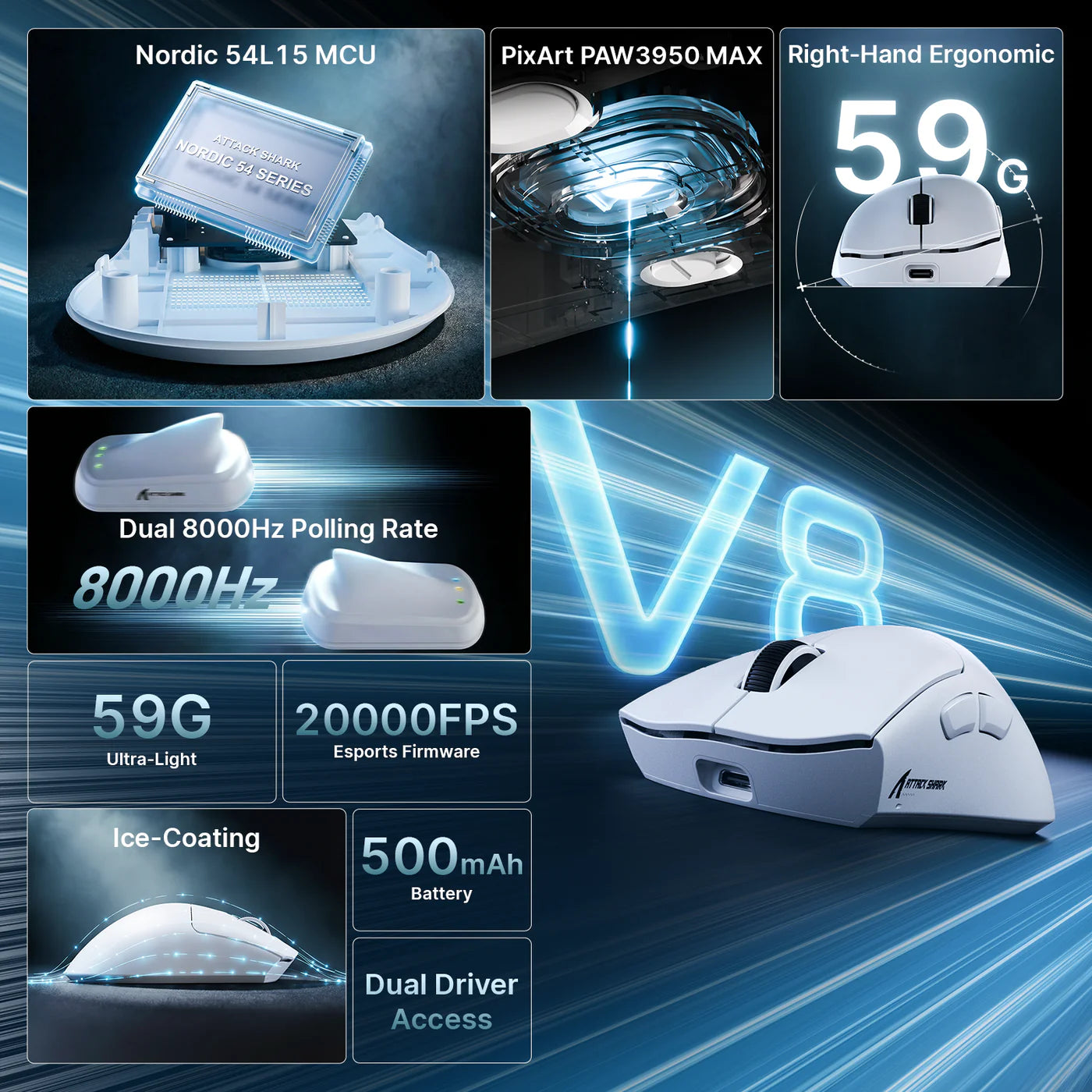 Attack Shark V8 Wireless Gaming Mouse 8000Hz PAW3950MAX Sensor Nordic 54L15, WHITE - ماوس قيمنق وايرليس