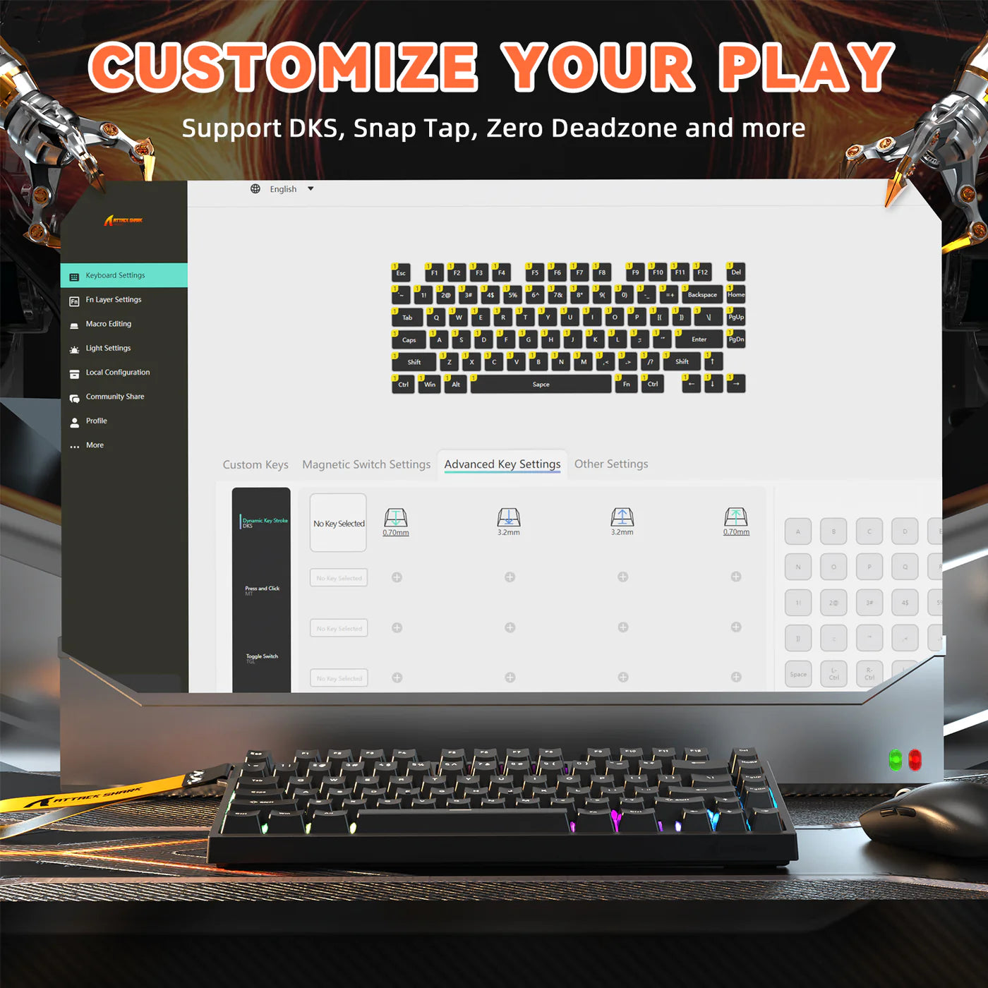 ATTACK SHARK R82 HE Rapid Trigger Keyboard Magnetic Switch with 0.005MM RT Black - كيبورد مغناطيسي أسود