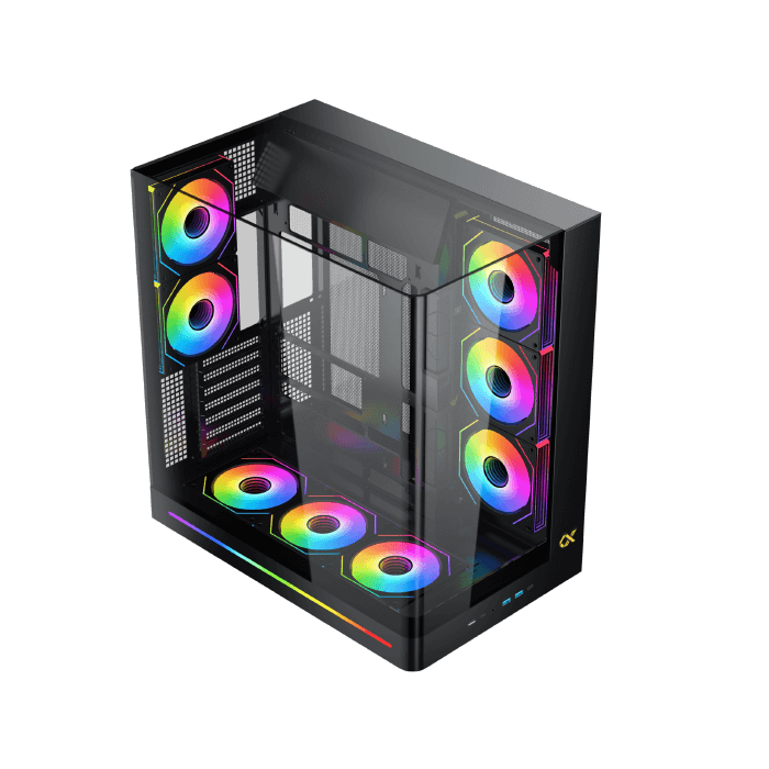 XIGMATEK Pano II E-ATX Medium Tower Case with One-Piece Curved Tempered Glass, 8 x 120mm ARGB Fans and PWM Remote Case, Vertical GPU Mount Included- كيس العاب أسود للكمبيوتر
