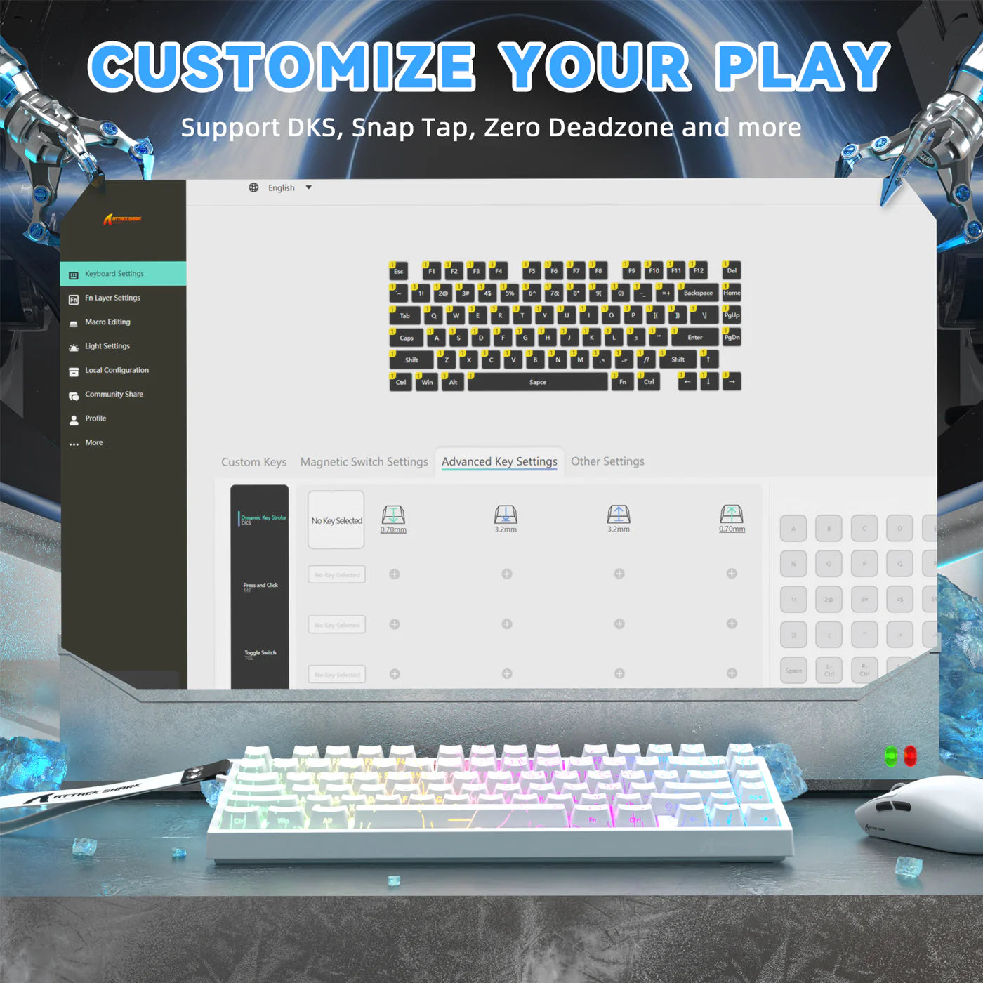 ATTACK SHARK R82 HE Rapid Trigger Keyboard Magnetic Switch with 0.005MM RT White Contours - كيبورد مغناطيسي أبيض