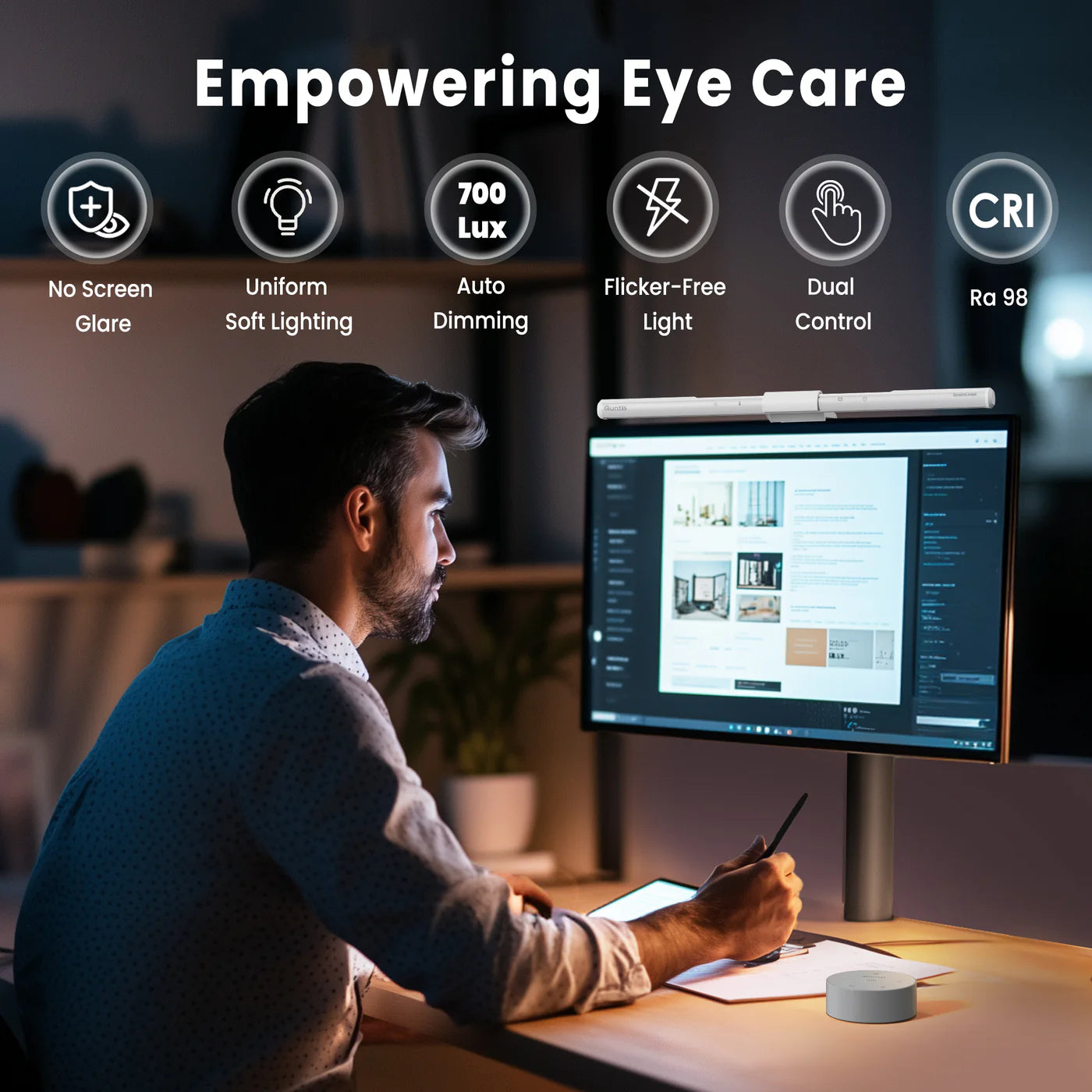 Quntis Monitor Light Bar Pro, Dual Control Wireless Remote , Touch Control, Eye Protection white - شريط إضائة للشاشة