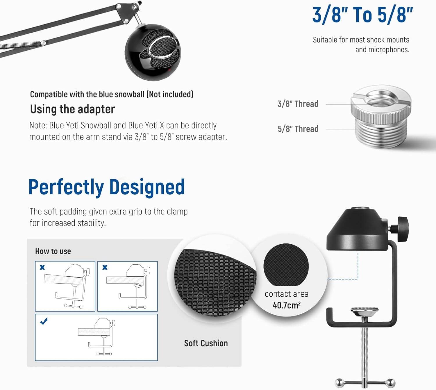 Neewer Microphone Arm Stand, Suspension Boom Scissor Microphone Arm Stand with 3/8 Inch to 5/8 Inch Screw and Cable Ties, Compatible with Blue Yeti Snowball Yeti X Quadcast etc. Max. Load 1.5 kg - ستاند للمايك