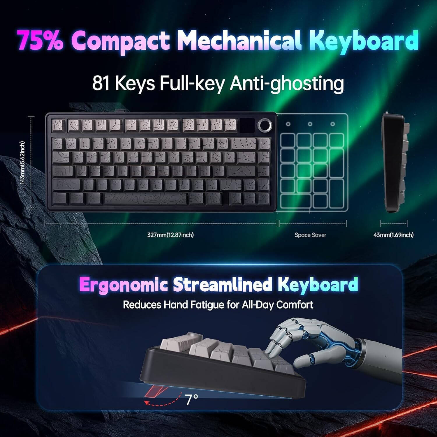 EPOMAKER AULA F75 MAX Mechanical Gaming Keyboard, 80 keys, 75% Layout, 4000mAh Battery, TFT Screen & Knob, LEOBOG Reaper Switch, Hot-Swappable Keys, Gasket Mount, Grey Gradient - كيبورد وايرليس