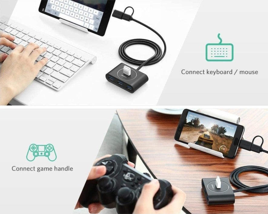 Ugreen 40850 USB 3.0 Hub With USB-C Port, 1m Cable Length, LED Indicator, Compatible with Windows 10/8/8.1/7/ Vista / XP and Mac OS X, Linux, Black - موزع منافذ