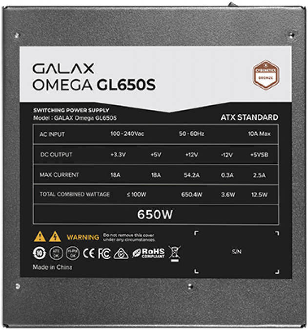 GALAX OMEGA GL650S Non-Modular Power Supply, 650W Power, 80 PLUS Bronze Efficiency, Cybenetics Bronze, 105° C-Rated Capacitors, DC/DC conversion, Black - مزوط طاقه