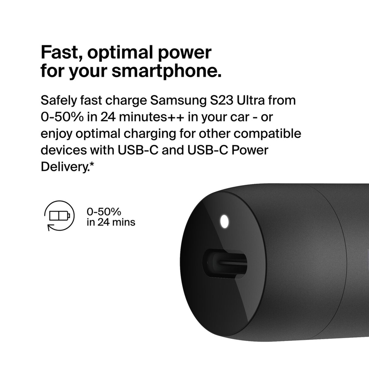 Belkin BoostCharge 30W USB-C PD Car Charger with 1m USB-C to USB-C Cable, PPS, Black