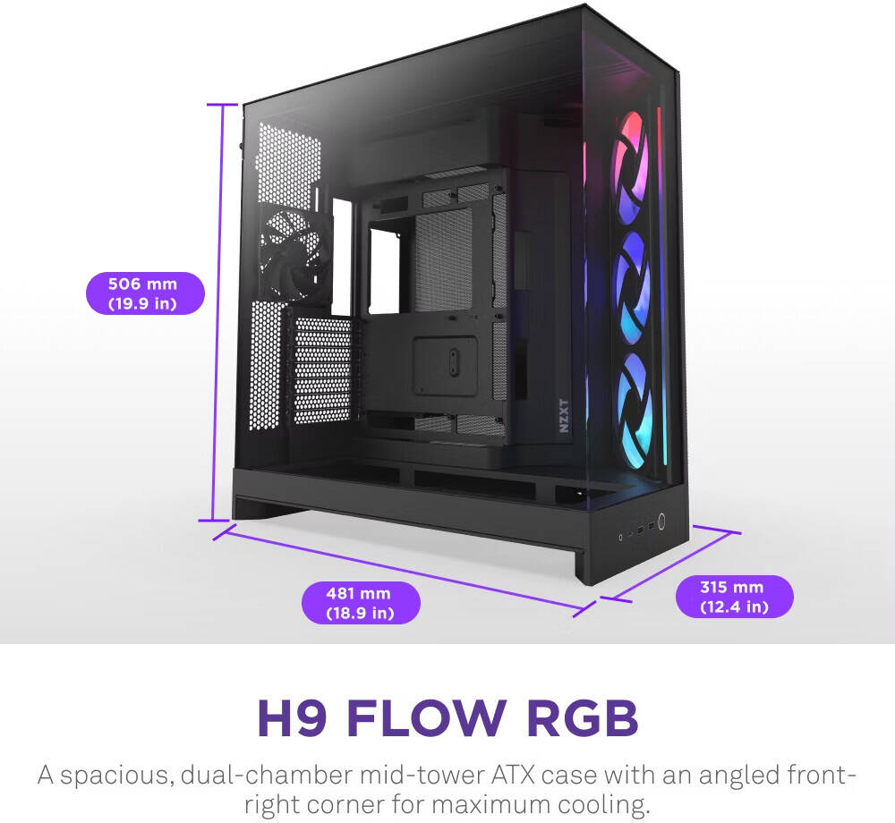 NZXT H9 Flow RGB, Dual-Chamber ATX Mid-Tower Case High-Airflow Design with Panoramic Tempered Glass, Supports Dual 360mm Radiators, Up to 10 Fans, Up To E-ATX Compatibility, Black - كيس