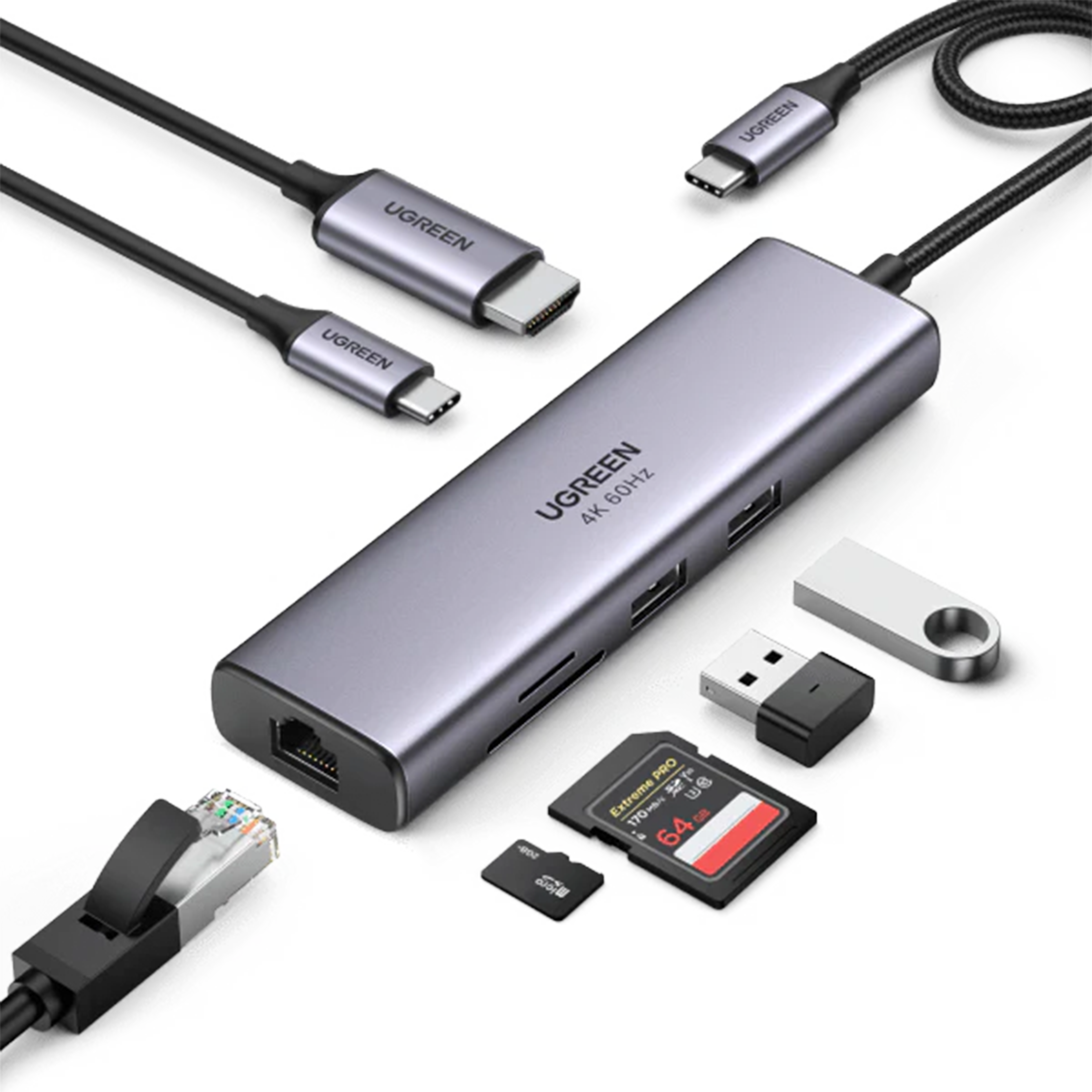 UGREEN Revodok 7-in-1 4K HDMI USB C Hub, Ethernet Adapter, USB 3.0 x 2, PD 100W, SD-TF Slots - موزع يو اس بي