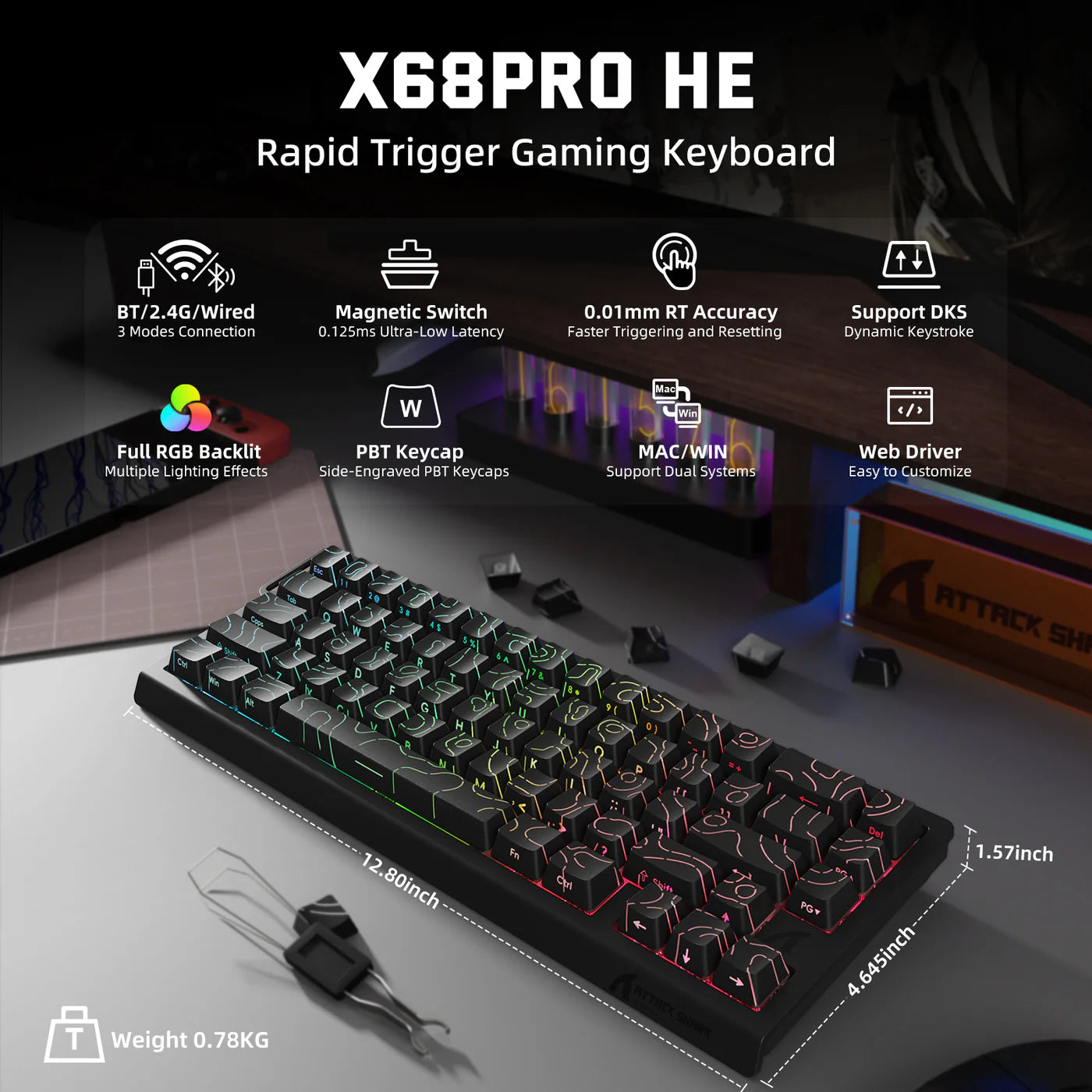 ATTACK SHARK X68PRO HE Wireless Rapid Trigger Keyboard Magnetic Switch Black Contours - كيبورد ميكانيكي أسود