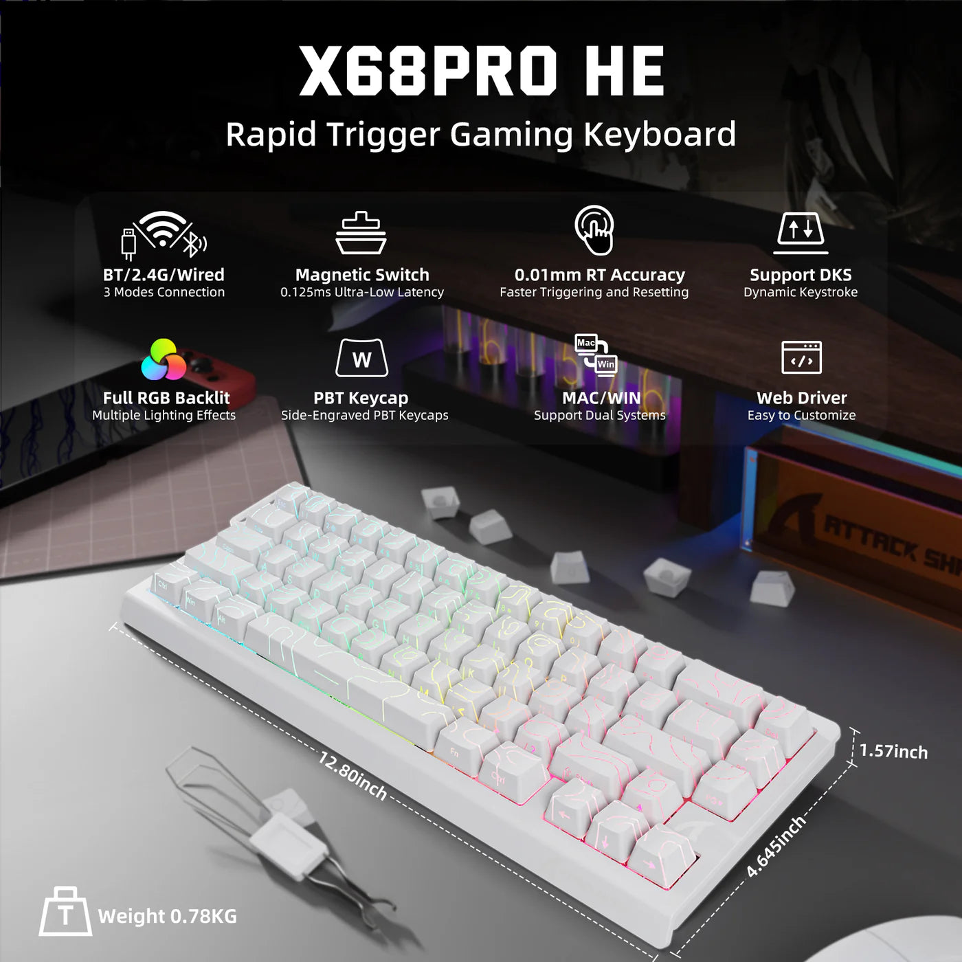 ATTACK SHARK X68PRO HE Wireless Rapid Trigger Keyboard Magnetic Switch White Contours - كيبورد ميكانيكي أبيض