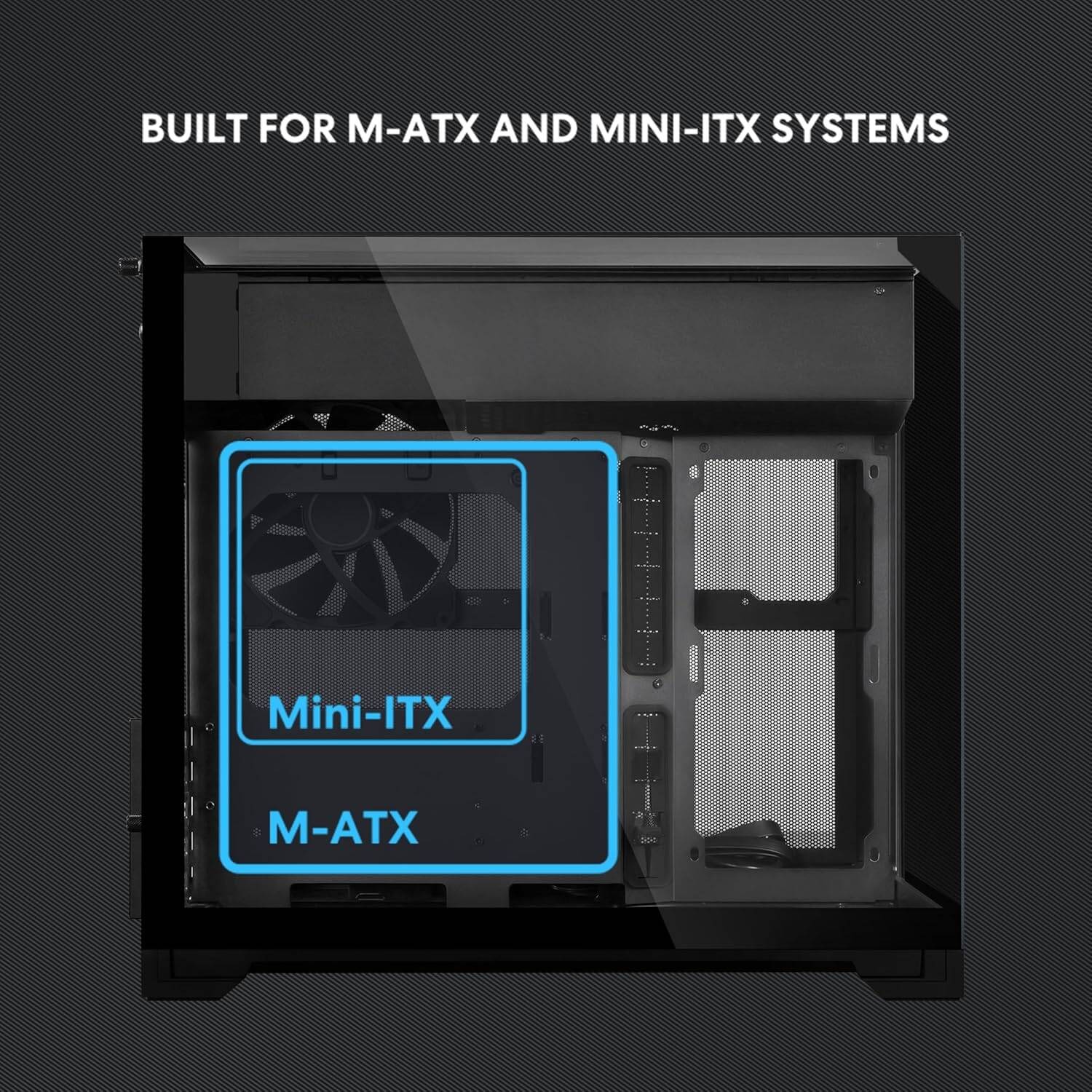 Lian Li O11 Vision-M PC Case White mATX, 140mm Fan, Triple Tempered Glass, Dual-Chamber, Supports 360mm AIO & ATX PSUs Black - كيس أسود