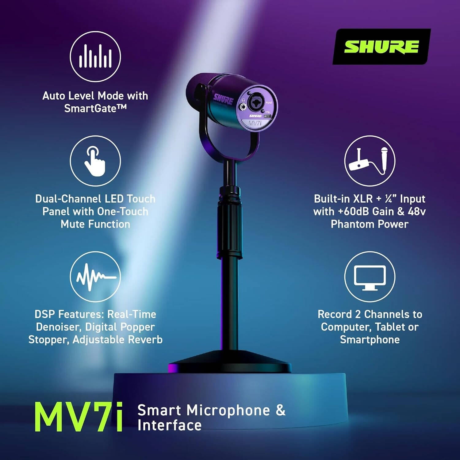 Shure MV7i Smart Microphone & Interface, Dynamic Auto Level Mode, Advanced DSP Features, Customizable LED Touch Panel, Multiple Recording Modes, Mac, Windows, iOS, and Android Compatible, Black | MV7i - مايك أحترافي