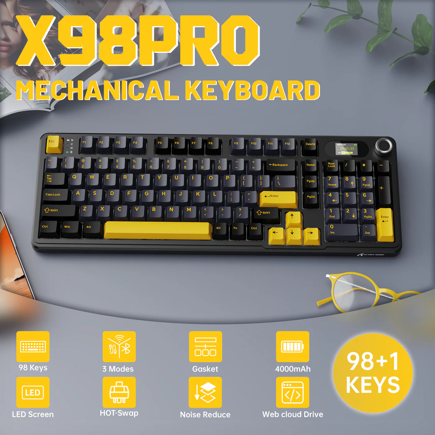 ATTACK SHARK X98PRO Wireless, Tri-Mode Gaming Mechanical Keyboard Star Black - كيبورد ميكانيكي أسود