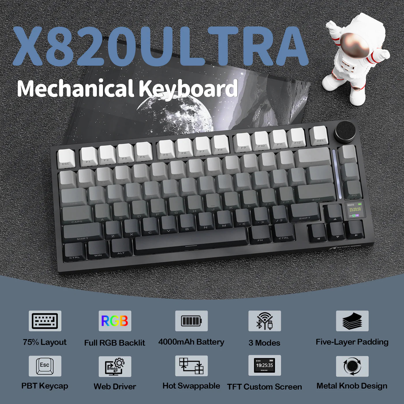 ATTACK SHARK X820Ultra Tri-mode Wireless Gasket Mechanical Keyboard with Smart Display Moon Night & Shark Switch, Black - كيبورد ميكانيكي أسود