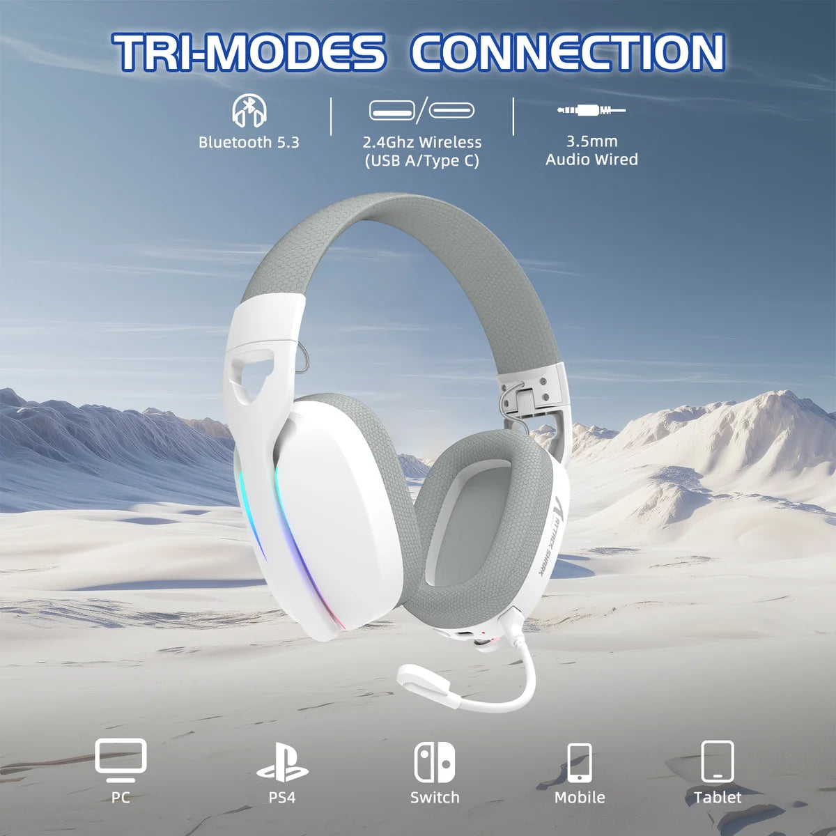 ATTACK SHARK L90 Foldable RGB Ultra-Light Wireless Headset, RGB, Foldable, Triple Mode 2.4Ghz/Bluetooth/Wired Gaming Headphone with mic, 40mm Driver, 7.1 Surround Sound, for Xbox/PS4/PS5/PC Customize via Software - White - سماعة قيمنق وايرليس